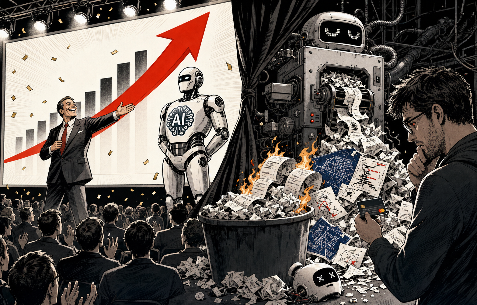 Satirical comic showing an AI launch stage with rising revenue chart while backstage output becomes trash.
